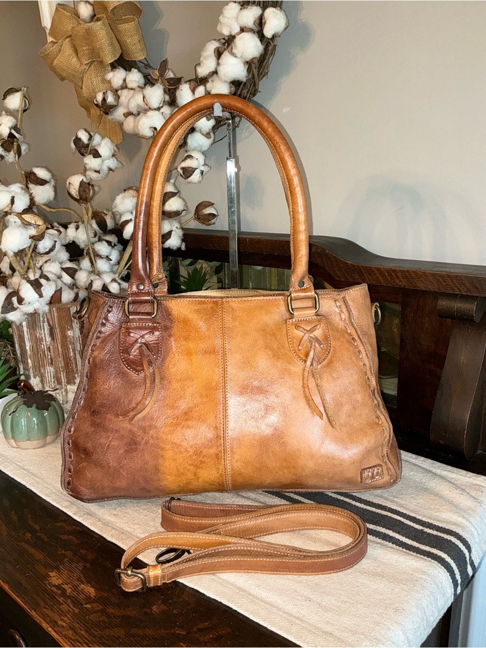 Bed Stu Rockababy Leather Satchel Shoulder Bag Crossbody Cafe Latte MSRP $315